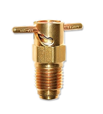 A close-up image of a brass fuel drain valve, featuring a threaded base and a lever for operation. The valve is designed for draining fuel, labeled as "CCA 1300 Fuel Drain." The shiny brass finish highlights its durable construction.
