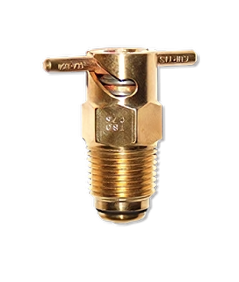 Brass fuel drain valve with a threaded base and a lever handle. The valve is designed for draining fuel, featuring clear markings for proper usage. This component is part of the CCA 1350 Fuel Drain system.