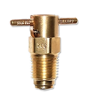A brass fuel drain valve with a threaded base and a lever handle, labeled "202." The valve is designed for draining fuel, showcasing a durable construction suitable for automotive or machinery use.