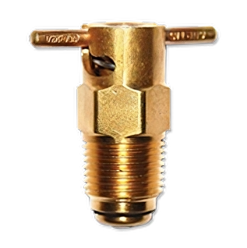 A brass fuel drain valve with a hexagonal body and a lever on top for operation. The valve is designed for draining fuel, featuring threaded ends for secure attachment. This component is labeled "CCA 1650 Fuel Drain."