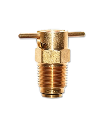 A close-up image of a brass fuel drain valve with a threaded base and a lever on top. The valve is designed for draining fuel, showcasing its detailed texture and metallic finish. Ideal for use in automotive or machinery applications.