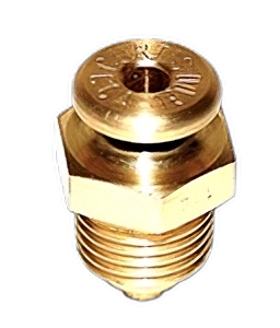 A close-up image of a brass fuel drain fitting, featuring a threaded base and a circular top with a central hole. The fitting is designed for use in fuel systems, labeled with markings for identification.