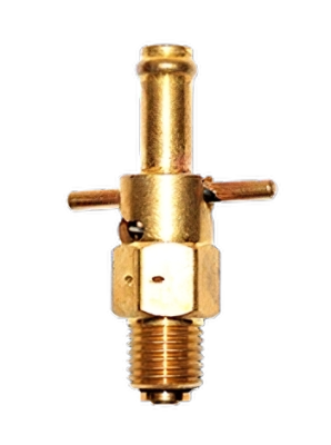 Oil drain valve with a threaded base and a lever for operation. Made of brass, it features a vertical pipe and a side lever, designed for easy oil drainage. This component is labeled as "CCA 2440 Oil Drain."