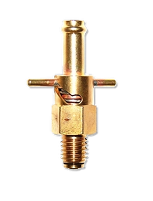 Oil drain valve CCA 2450, featuring a brass body with a threaded base, a vertical outlet, and two horizontal ports. The valve is designed for efficient oil drainage and is shown against a black background.
