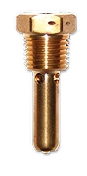 A brass fuel drain fitting, titled "CCA 2600 Fuel Drain," featuring a threaded hexagonal top and a cylindrical body with two small holes near the base for drainage. The fitting is shown against a plain background.
