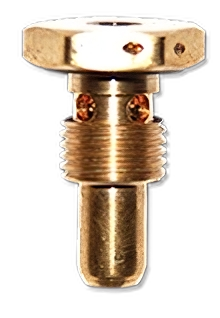 A close-up image of a brass fuel drain fitting, labeled "CCA 2900 Fuel Drain." The fitting features a hexagonal head, threaded shaft, and a cylindrical outlet, with visible copper components. The background is black, highlighting the product's details.