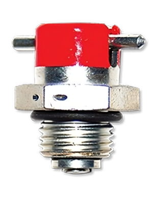 Fuel drain valve CCA 31300, featuring a metal body with a threaded base and a bright red cap on top. The valve has two small metal tabs for attachment. The background is plain, emphasizing the product's details.