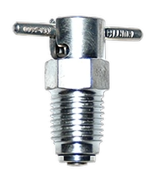 Fuel drain valve with a threaded base and a lever mechanism on top, designed for efficient fuel drainage. The CCA 3600 Fuel Drain is made of shiny metal, showcasing a robust and functional design for automotive applications.