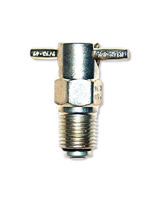 Fuel drain valve with a threaded base and a metal handle for operation. The valve is designed for draining fuel, featuring a cylindrical body with a hexagonal section for grip. Ideal for use in various fuel systems.