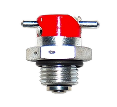 Fuel drain valve with a red top and silver threaded base. Two small pipes extend from the top, designed for fuel drainage. The product is labeled "CCA 36400 Fuel Drain," indicating its specific use for draining fuel systems.