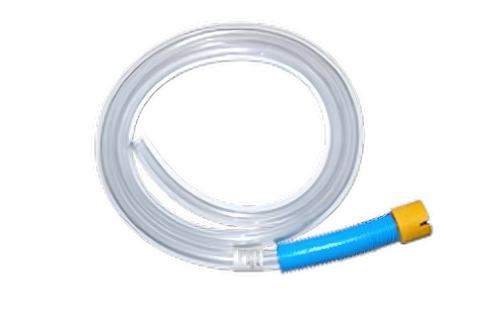 Clear plastic drain hose coiled in a circular shape, featuring a blue and yellow connector at one end. The product is labeled as "CCB 39600-3 Drain Hose," designed for efficient drainage applications.