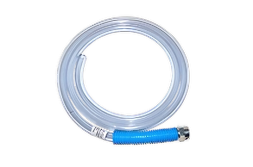 A clear, flexible drain hose coiled in a circular shape. The hose has a blue textured section near a metal connector at one end. This is the CCB 39600-4 Drain Hose, designed for efficient drainage applications.