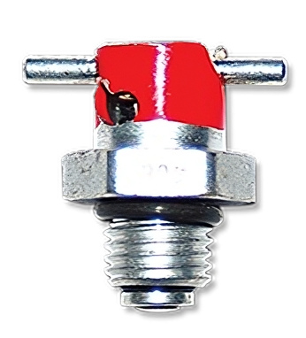 A close-up image of the CCA 4300 Fuel Drain, featuring a metallic body with a threaded base and a bright red top. Two small tubes extend from the top, indicating its function for draining fuel. The background is plain for clear visibility.