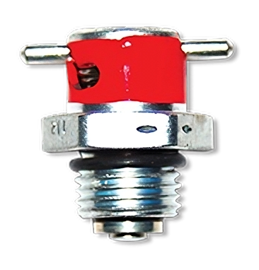 A close-up image of the CCA 4350 Fuel Drain, featuring a metallic threaded base with a red valve and two small protruding tubes. The design is compact, intended for efficient fuel drainage in automotive applications.