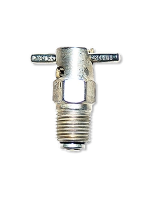 A metallic fuel drain valve with a threaded base and a lever handle, designed for use with the CCA 4850 model. The valve is shown from a top-down perspective against a plain background.