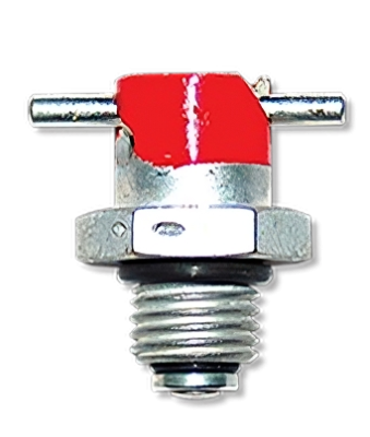 Fuel drain valve, labeled "CCA 5800-1," featuring a metallic body with a threaded base and a red top. Two metal prongs extend horizontally from the top, designed for fuel drainage applications. The background is plain black.