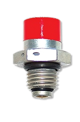 Fuel drain valve with a metallic base and a bright red top. The threaded section allows for secure attachment. This component is identified as the CCA 5800-3 Fuel Drain, designed for efficient fuel drainage in machinery.