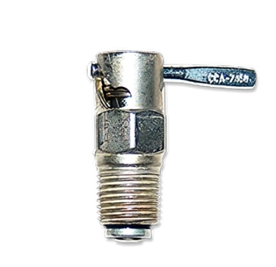 Fuel drain valve CCA 7450, made of metal, featuring a threaded base and a lever handle for operation. The valve is designed for draining fuel, with a shiny surface and a small chain attached to the lever.