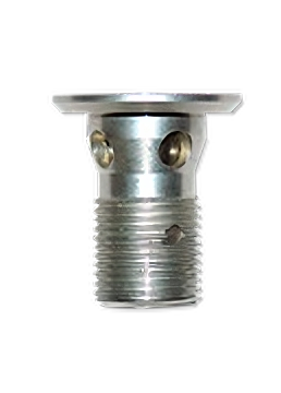 A metallic fuel drain fitting with a threaded base and a flat top featuring two holes for attachment. This component is labeled "CCA 7500-1 Fuel Drain," indicating its specific use in fuel drainage applications.