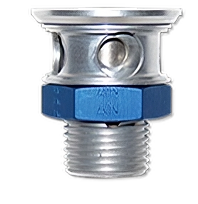 A close-up image of the CCA 7600 Fuel Drain, showcasing its metallic body with a blue hexagonal nut and a circular top. The design features two side holes for drainage purposes, emphasizing its functional and durable construction.