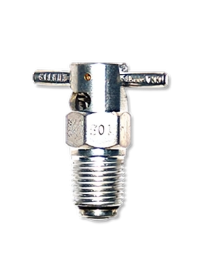 Fuel drain valve CCA 9950, featuring a threaded base and a lever for operation. The valve is made of shiny metal, with clear markings and a small opening for draining fuel. The background is plain, emphasizing the valve's details.