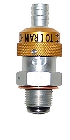 Fuel drain valve labeled "TO DRAIN," featuring a metallic body with a gold knurled knob and a threaded base for secure attachment. The valve is designed for efficient fuel drainage in automotive applications.