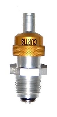 A metal fuel drain valve with a gold-colored top and silver body, labeled "CURTIS." The valve has a hose connection at the top and threaded base for secure attachment. This component is part of the CCB 36000H Fuel Drain system.