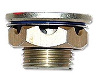 Drain valve CCB 36450-5 shown from the side, featuring a metallic body with threaded ends for secure attachment. The valve has a flat top with a seal and a small opening for drainage, designed for efficient fluid control in plumbing applications.