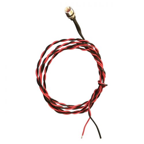 5MM12 12V LED fault light panel mount indicator with a metal casing and attached twisted red and black wires, ending in exposed wire tips.
