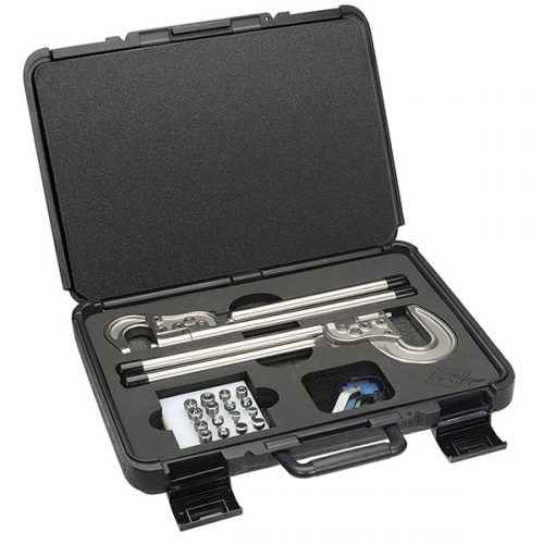Open black carrying case containing a Dual Super Duty Rivet Squeezer Kit, including metal tools, attachments, and small components neatly organized in foam cutouts.