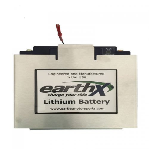 BB-CO lightweight battery box for "C" case featuring an EarthX lithium battery. The box is metallic with a label stating "Engineered and Manufactured in the USA" and the EarthX logo.