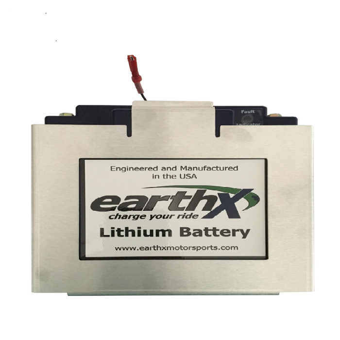 BB-CO lightweight battery box for "C" case featuring an EarthX lithium battery. The box is metallic with a label stating "Engineered and Manufactured in the USA" and the EarthX logo.
