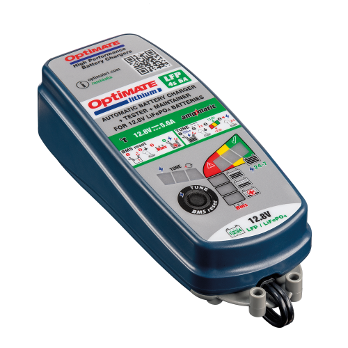 Blue and gray Optimate TM-391 6amp Battery Charger/Maintainer for 12-13.2V batteries, featuring a digital display and indicator lights.