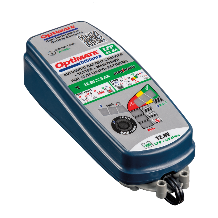 Blue and gray Optimate TM-391 6amp Battery Charger/Maintainer for 12-13.2V batteries, featuring a digital display and indicator lights.