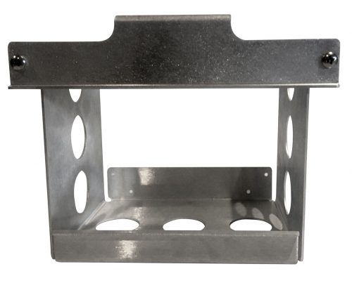 Lightweight aluminum battery box BB-MU2 with a rectangular frame, featuring multiple circular cutouts on the sides for ventilation. The box has a sturdy, open design suitable for secure battery placement.
