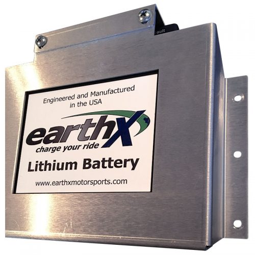 Silver battery box labeled "earthX Lithium Battery" with text "Engineered and Manufactured in the USA." Designed for the BB-MU: Light Weight Battery Box Fit “E” Case and PC680. Features a sturdy metal construction with mounting brackets.