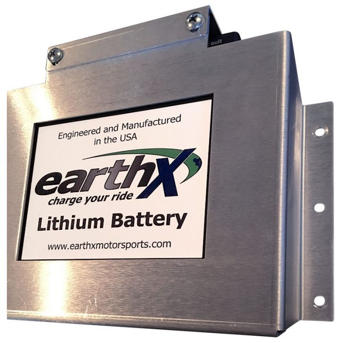 Silver battery box labeled "earthX Lithium Battery" with text "Engineered and Manufactured in the USA." Designed for the BB-MU: Light Weight Battery Box Fit “E” Case and PC680. Features a sturdy metal construction with mounting brackets.