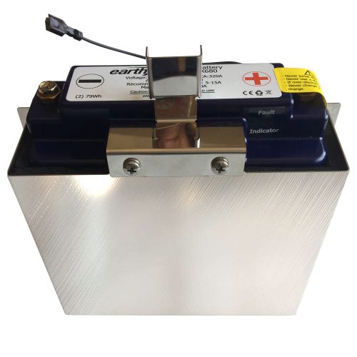 BB-TH Thermal Battery Box “E” Case with a metallic finish, featuring a mounted battery secured with a metal bracket. A small black cable is attached to the battery.