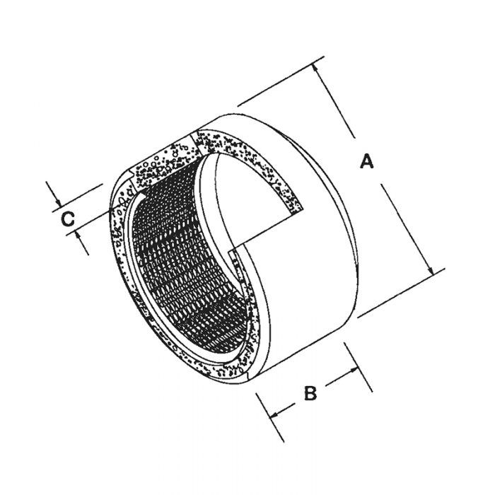 Illustration of the BA-105 Brackett Air Filter Assembly, showing a cylindrical design with dimensions labeled A, B, and C. The filter features a textured interior and a smooth exterior.