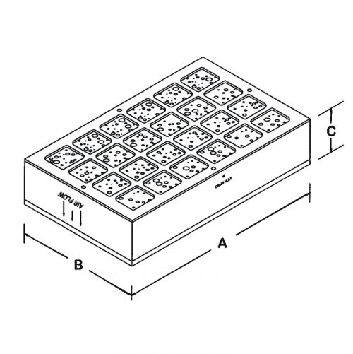 Diagram of the BA-4106 Brackett Air Filter Assembly showing a rectangular box with multiple perforated sections on top. Dimensions labeled as A, B, and C indicate length, width, and height.