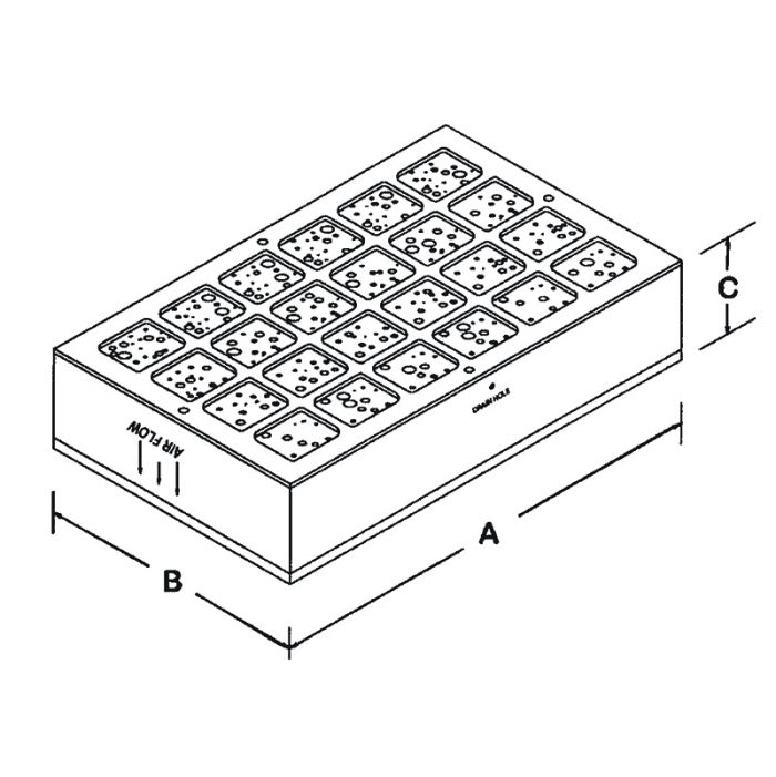 Diagram of the BA-4106 Brackett Air Filter Assembly showing a rectangular box with multiple perforated sections on top. Dimensions labeled as A, B, and C indicate length, width, and height.
