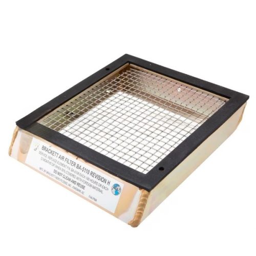 BA-5110 Brackett Air Filter Assembly displayed from a top view. The filter features a rectangular frame with a black rubber edge and a metal mesh grid. The bottom label indicates the product name and version.