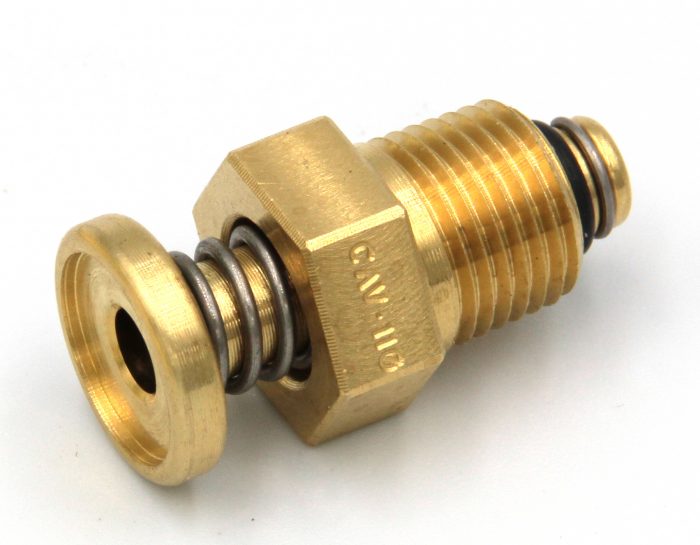 Brass CAV-110 (1/8 NPT) Saf-Air Fuel Drain Valve featuring a threaded end and rubber seals, designed for secure fuel drainage in aviation applications.