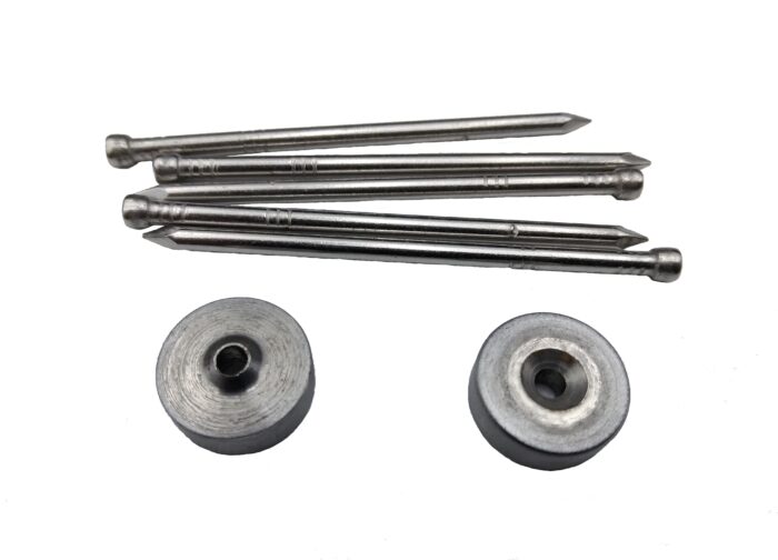 Image of a 100º Dimple Set, 3/32". The set includes several metal rods and two circular dimple dies. The rods are aligned at the top, while the dies are placed below, showcasing their shape and size.