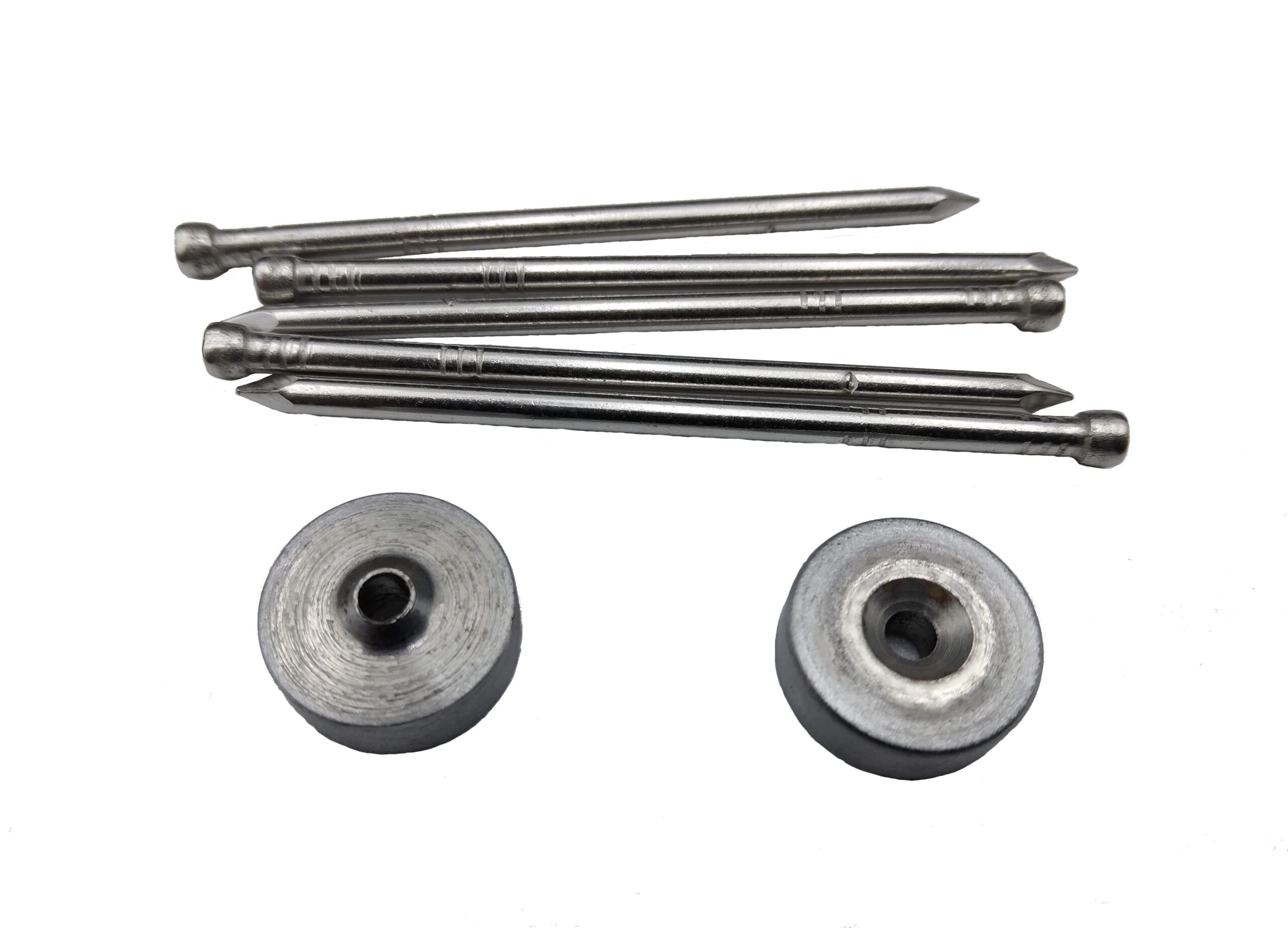 Image of a 100º Dimple Set, 3/32". The set includes several metal rods and two circular dimple dies. The rods are aligned at the top, while the dies are placed below, showcasing their shape and size.