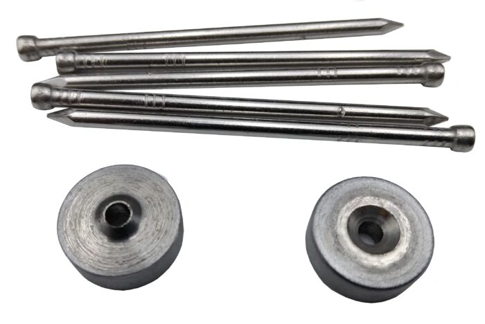 Image of a 100º Dimple Set, 1/8". The set includes two circular metal dimple dies and several metal rods, arranged on a white background. The tools are designed for creating precise dimples in sheet metal.