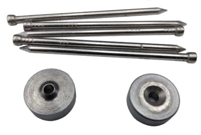 Image of a 100º Dimple Set, 1/8". The set includes two circular metal dimple dies and several metal rods, arranged on a white background. The tools are designed for creating precise dimples in sheet metal.