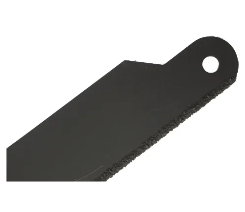 Close-up image of a Perma-Grit Hacksaw Blade, 12 inches long, showing its textured cutting edge and a hole for attachment. The blade is designed for durability and precision cutting.