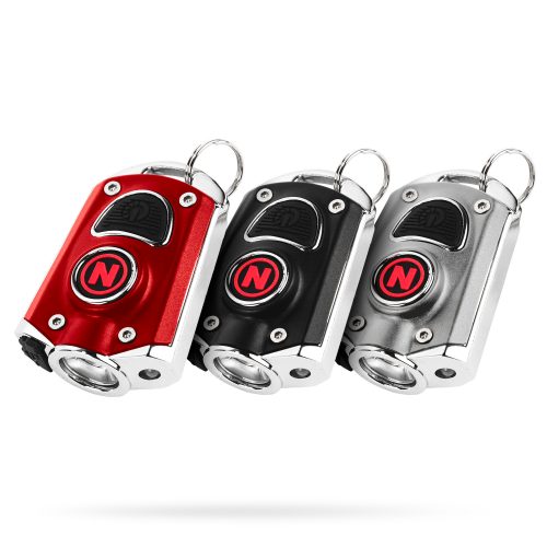 Three NEBO Mycro keychain flashlights in red, black, and silver with circular buttons and keyring loops.
