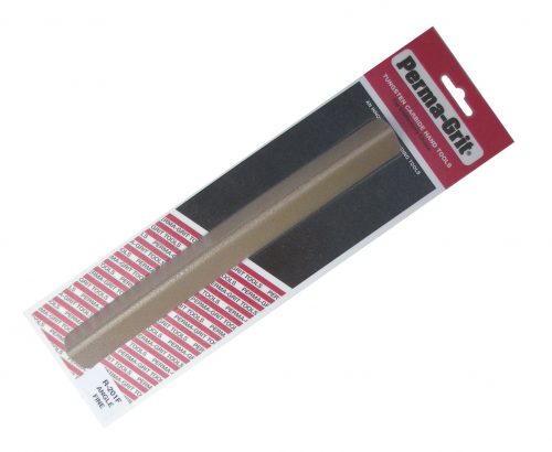 Package of Perma-Grit sanding tool with a brown sanding strip, enclosed in a plastic cover with a red and white label.